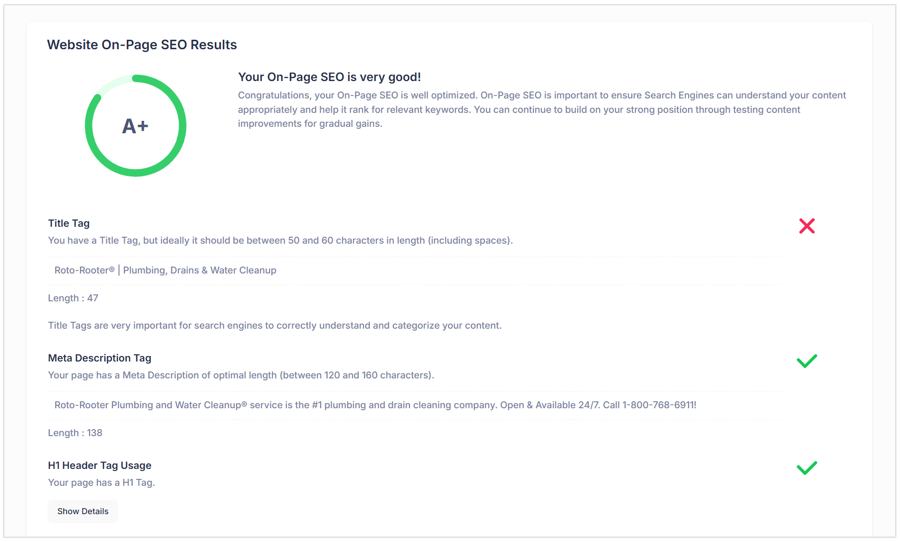 On page SEO results